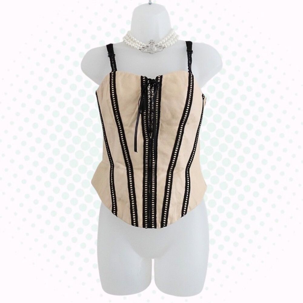 Vintage Y2K Danier Cream & Black 100% Leather Zip-Up Tie Front Corset Top Size 2